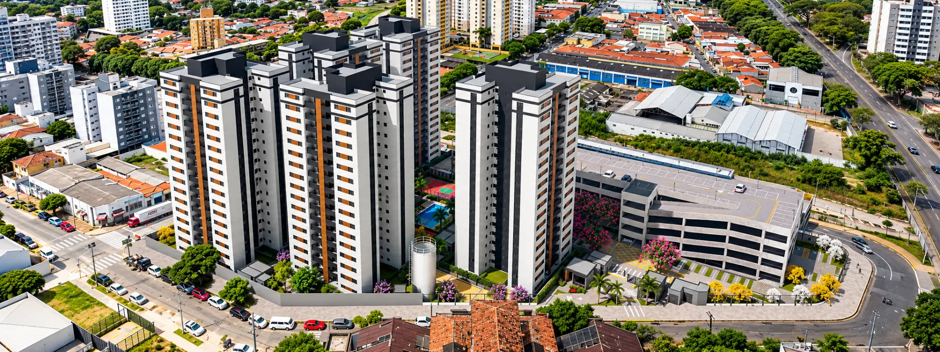 Vista aérea das torres do HM Maxi Campinas e do entorno